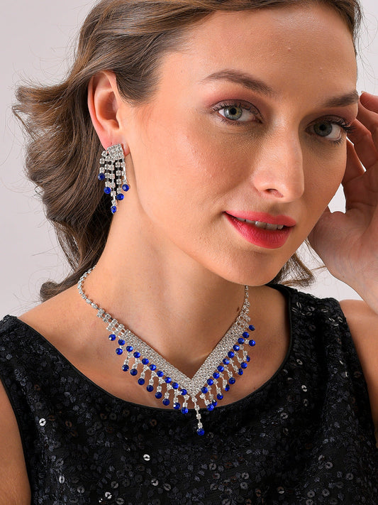 Silver Plated Designer Stone Necklace and Earring Set