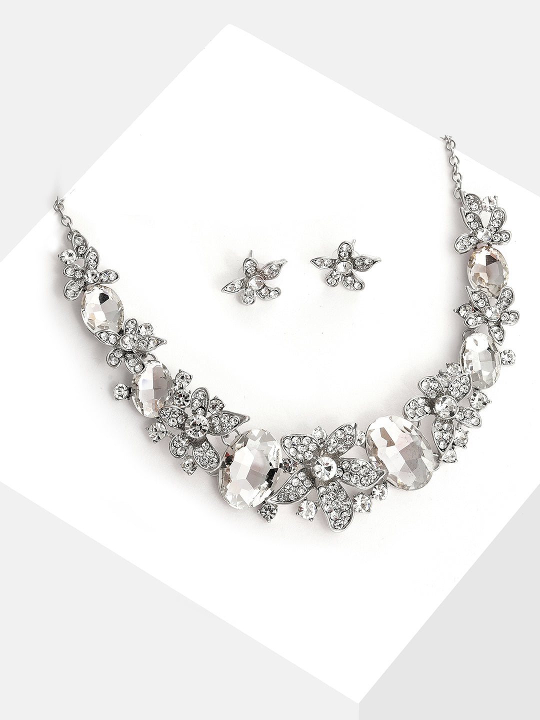 Silver Plated Designer Stone Necklace and Earring Set