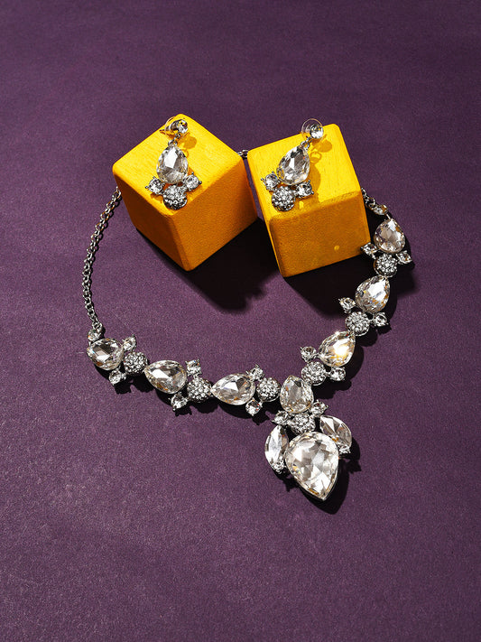 Silver Plated Designer Stone Necklace and Earring Set