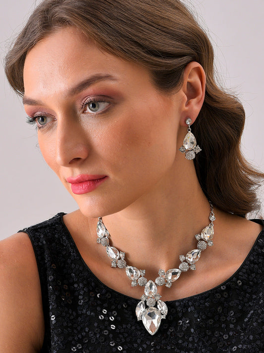 Silver Plated Designer Stone Necklace and Earring Set