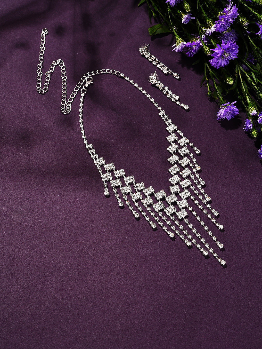 Silver Plated Designer Stone Necklace and Earring Set