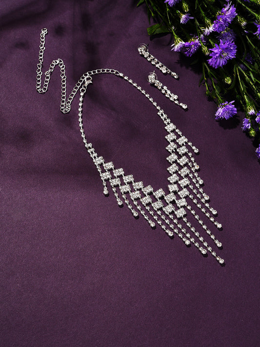 Silver Plated Designer Stone Necklace and Earring Set
