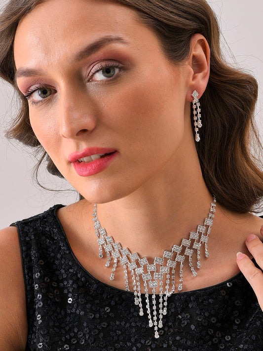 Silver Plated Designer Stone Necklace and Earring Set