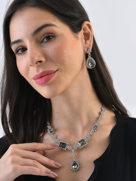 Silver Plated Designer Stone Necklace and Earring Set Jewellery Set