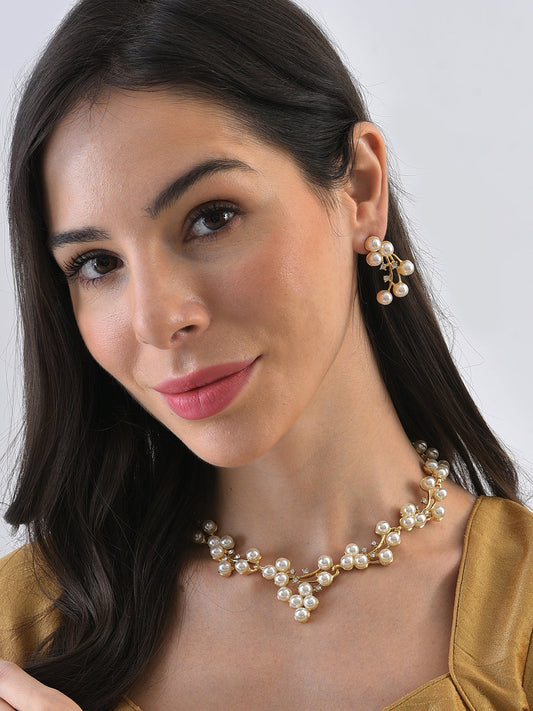 Gold Plated Pearl Necklace and Earring Set Jewellery Set