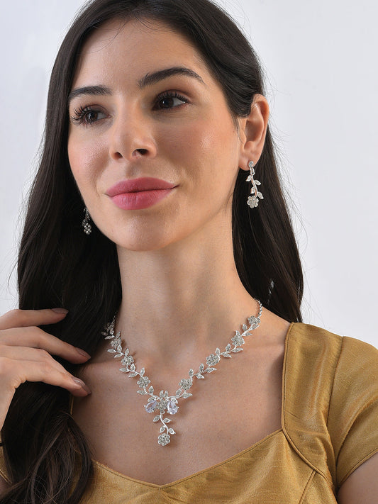Silver Plated Designer Stone Necklace and Earring Set Jewellery Set