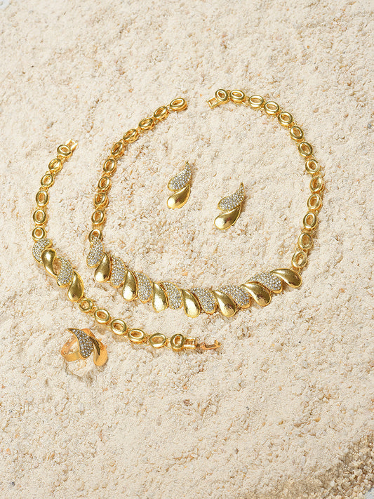 Gold Plated Designer Stone Necklace, Earrings, Bracelet and Ring Set Jewellery Set
