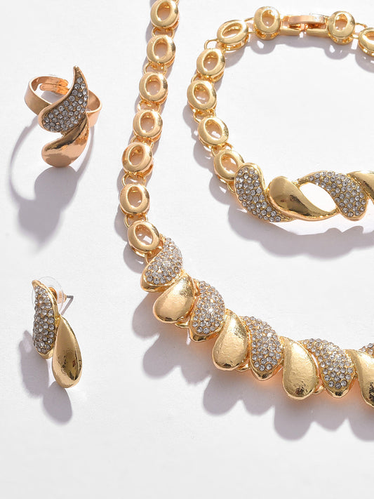 Gold Plated Designer Stone Necklace, Earrings, Bracelet and Ring Set Jewellery Set