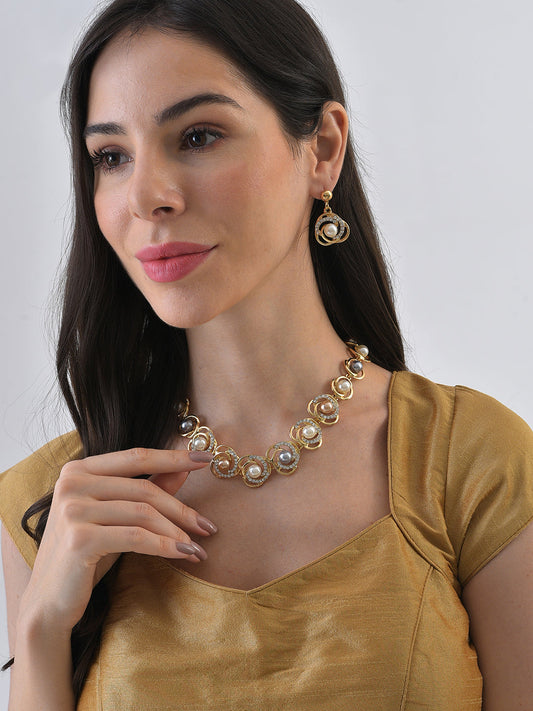 Gold Plated Pearl Necklace and Earring Set Jewellery Set