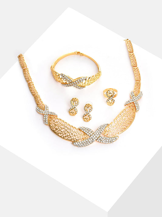 Gold Plated Designer Stone Necklace, Earrings, Bracelet and Ring Set Jewellery Set