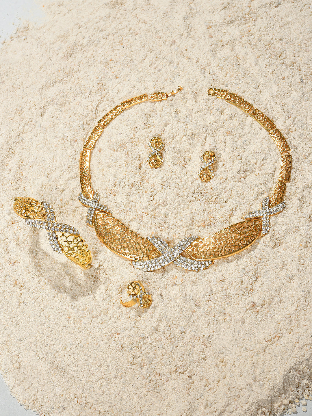 Gold Plated Designer Stone Necklace, Earrings, Bracelet and Ring Set Jewellery Set