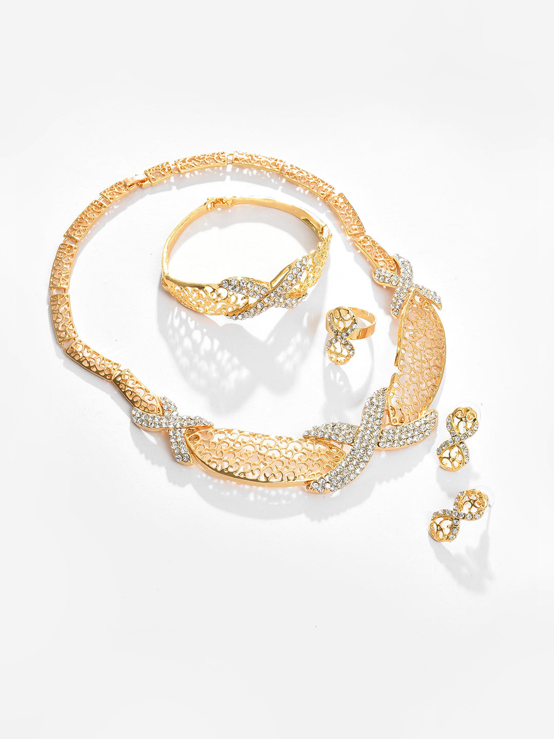 Gold Plated Designer Stone Necklace, Earrings, Bracelet and Ring Set Jewellery Set