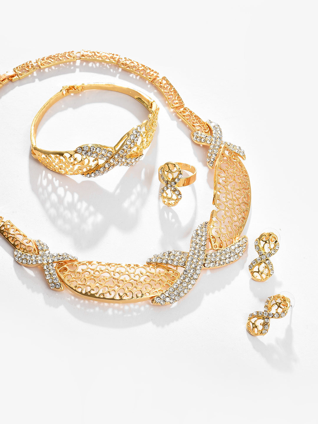 Gold Plated Designer Stone Necklace, Earrings, Bracelet and Ring Set Jewellery Set