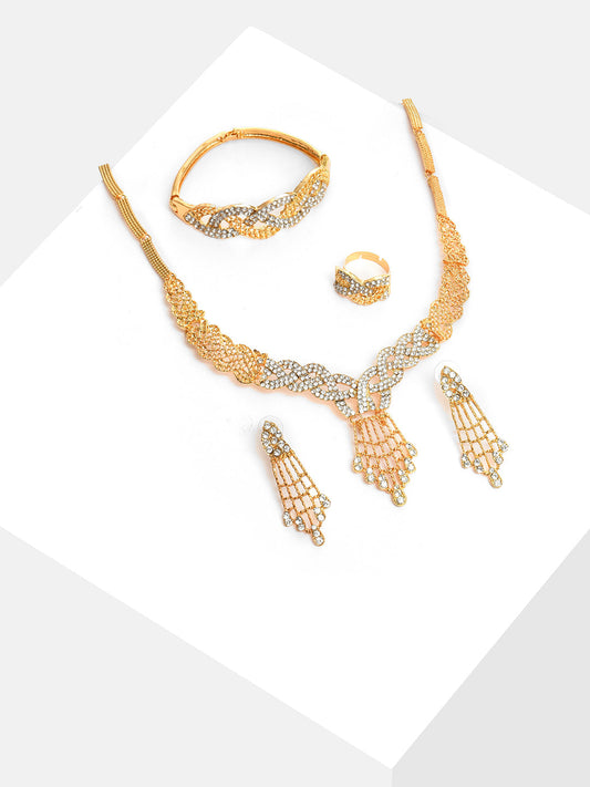Gold Plated Designer Stone Necklace, Earrings, Bracelet and Ring Set Jewellery Set