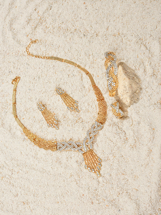 Gold Plated Designer Stone Necklace, Earrings, Bracelet and Ring Set Jewellery Set