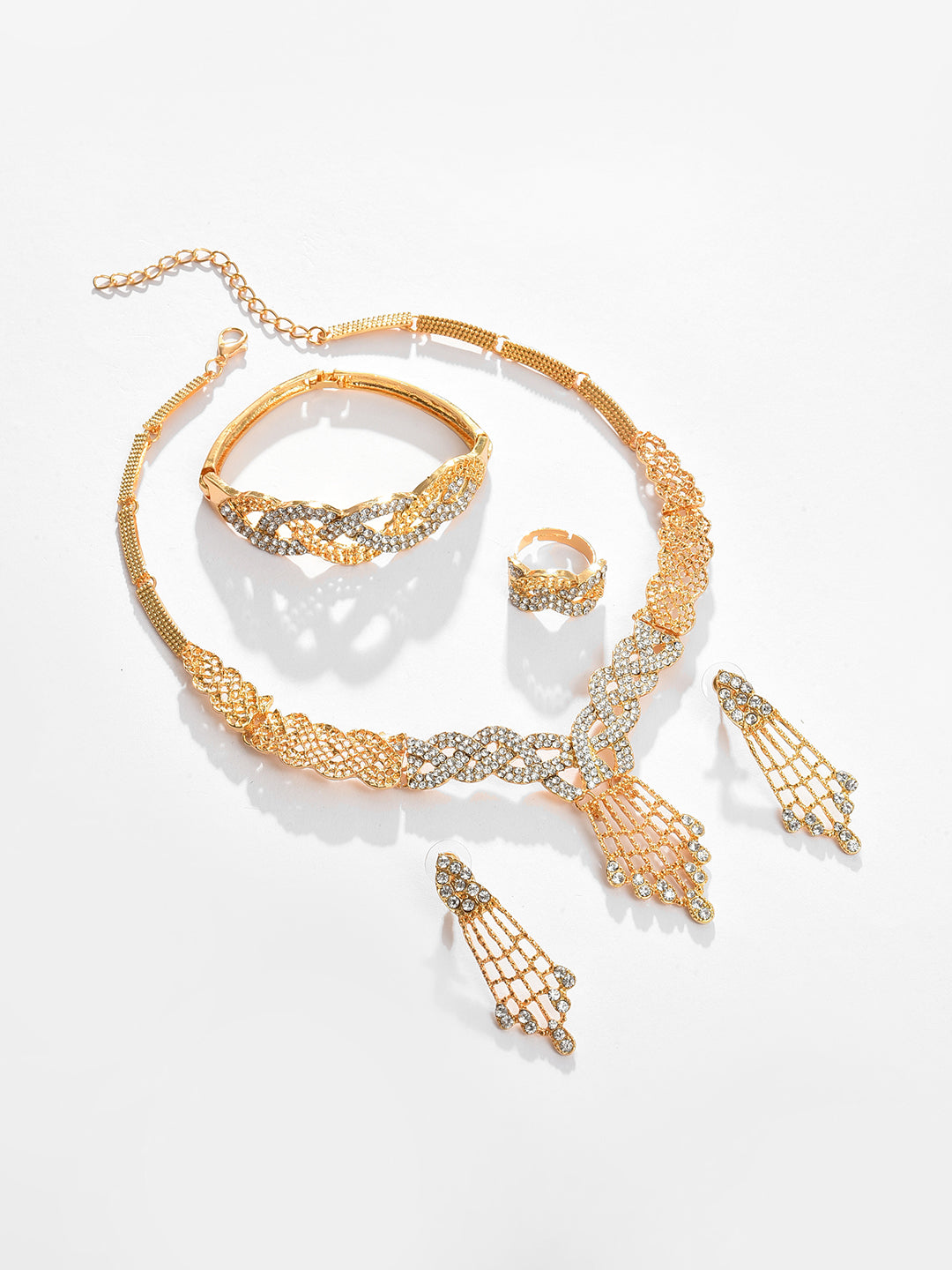 Gold Plated Designer Stone Necklace, Earrings, Bracelet and Ring Set Jewellery Set