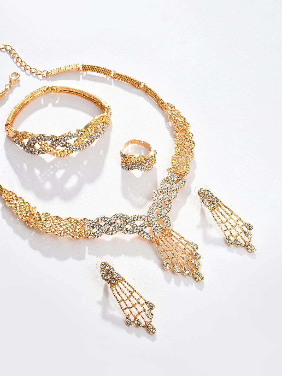Gold Plated Designer Stone Necklace, Earrings, Bracelet and Ring Set Jewellery Set