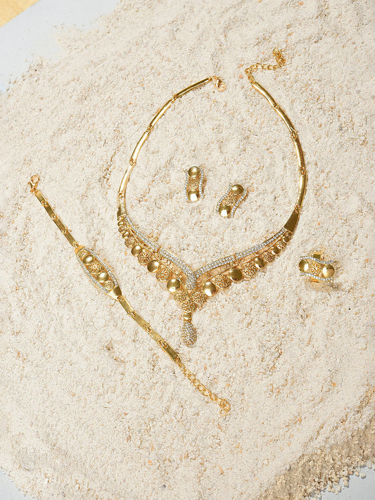 Gold Plated Designer Stone Necklace, Earrings, Bracelet and Ring Set Jewellery Set