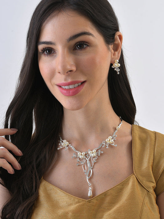 Silver Plated Designer Stone Necklace and Earring Set Jewellery Set