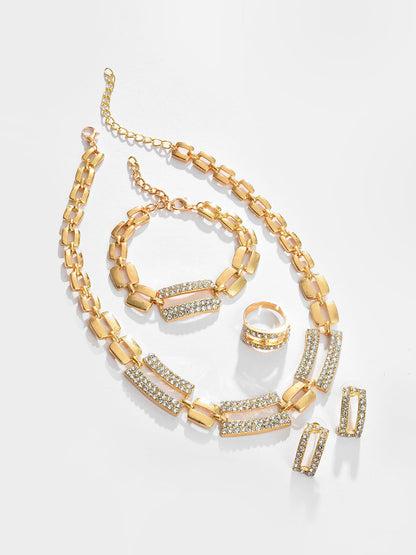 Gold Plated Designer Stone Necklace, Earrings, Bracelet and Ring Set Jewellery Set