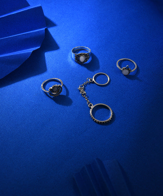 Pack of 4 Silver Plated Designer Stone Ring