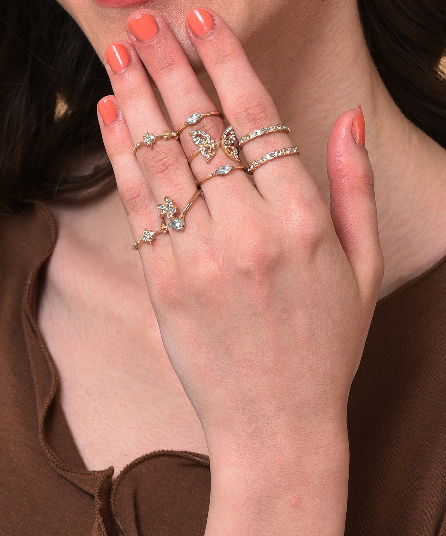 Pack of 8 Gold Plated Designer Stone Ring