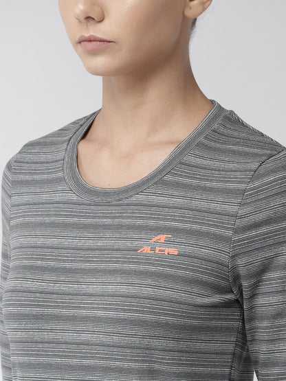 Alcis Women Grey Striped Round Neck T-shirt