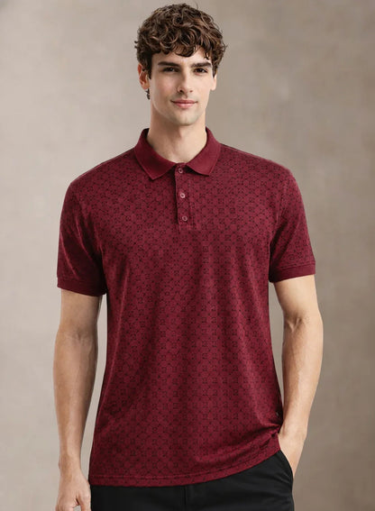 Adro Polo T-Shirt for Men | Allover Printed Polo T Shirt | Cotton Polo Tshirt Maroon