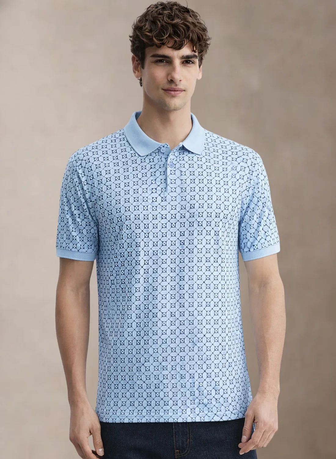 Adro Polo T-Shirt for Men | Allover Printed Polo T Shirt | Cotton Polo Tshirt Sky Blue