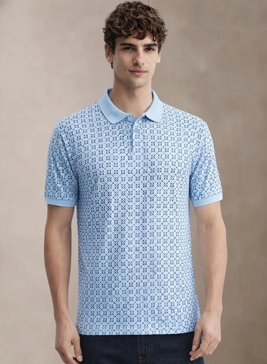Adro Polo T-Shirt for Men | Allover Printed Polo T Shirt | Cotton Polo Tshirt Sky Blue