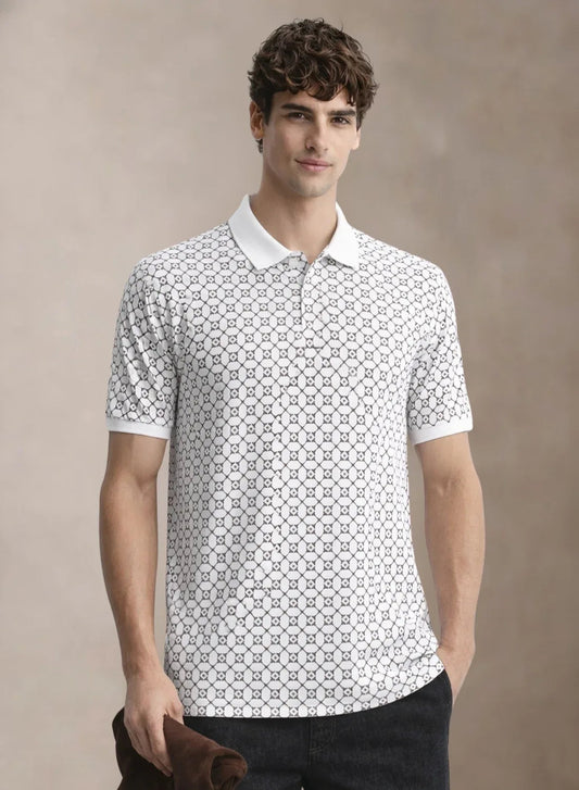 Adro Polo T-Shirt for Men | Allover Printed Polo T Shirt | Cotton Polo Tshirt Milk White