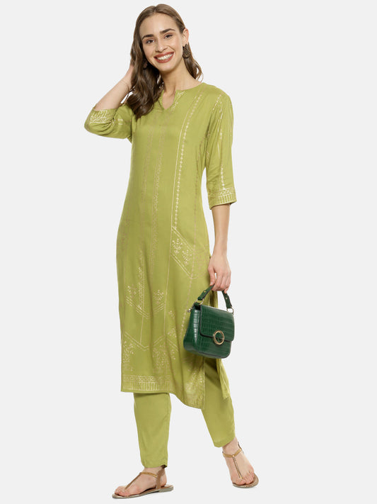 Metallic Flora Print Kurta With Trousers Set