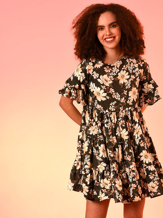 Green & Beige Floral Print Tiered Dress