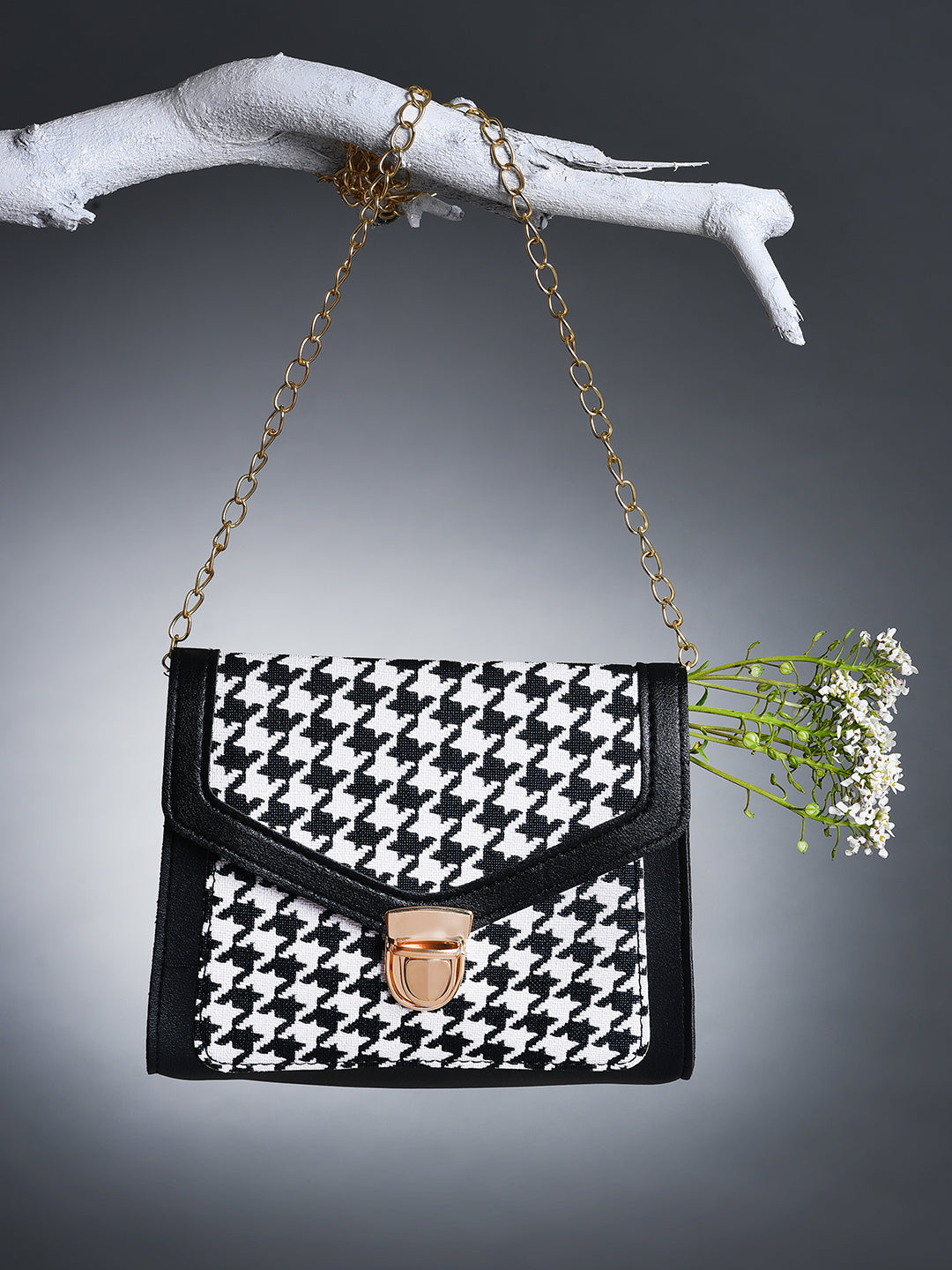 Houndstooth Weave Black & White Cross Body Bag