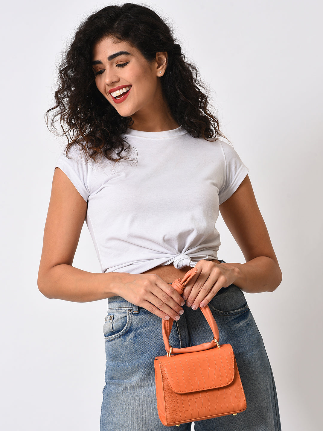 Orange Vegan Leather Structured Shoulder Bag