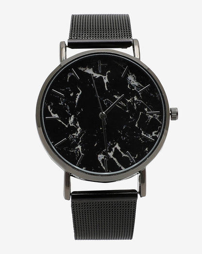 Marble Analog Round Dial With Black Leather Strap