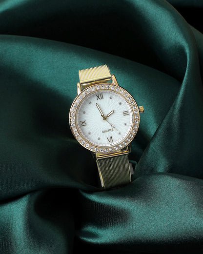 White & Gold Analog Round Dial With Crystal Stones & Gold Metal Strap
