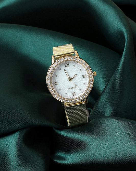 White & Gold Analog Round Dial With Crystal Stones & Gold Metal Strap