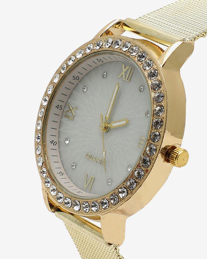 White & Gold Analog Round Dial With Crystal Stones & Gold Metal Strap