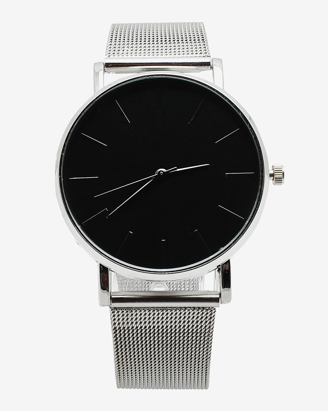 Black Analog Round Dial With Metal Mesh Strap