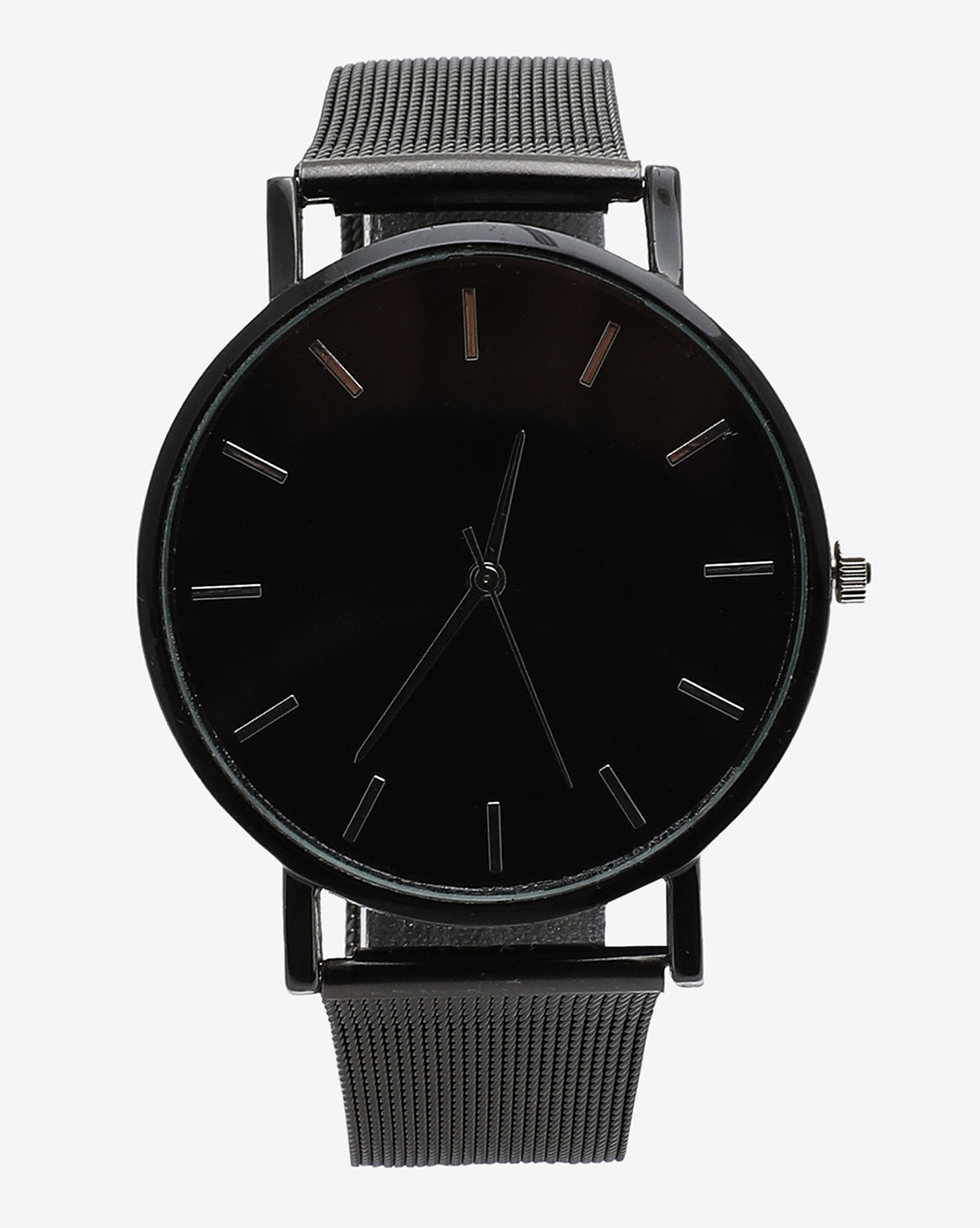 Sleek Black Analog Round Dial With Black Hour Marker & Black Metal Strap