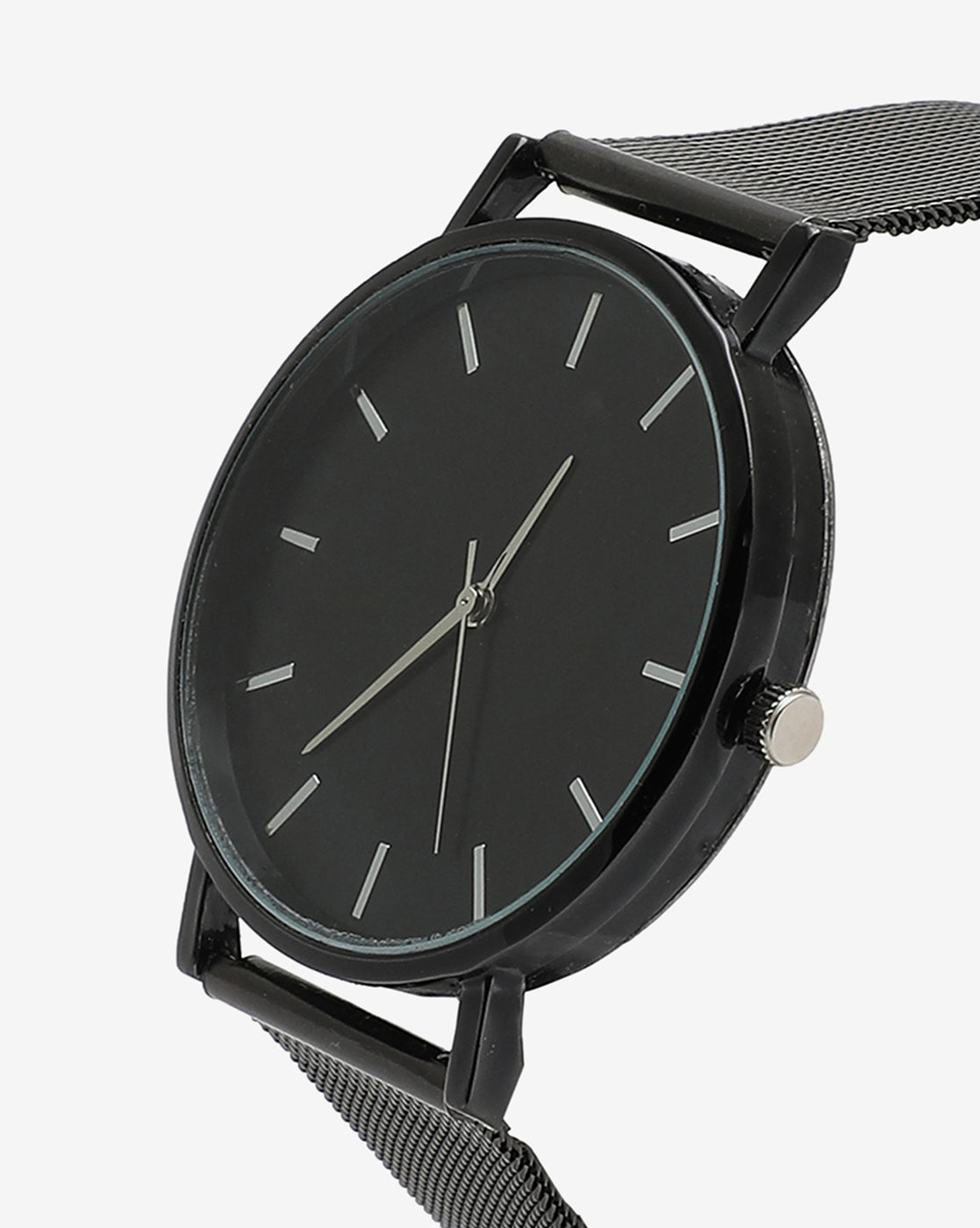 Sleek Black Analog Round Dial With Black Hour Marker & Black Metal Strap