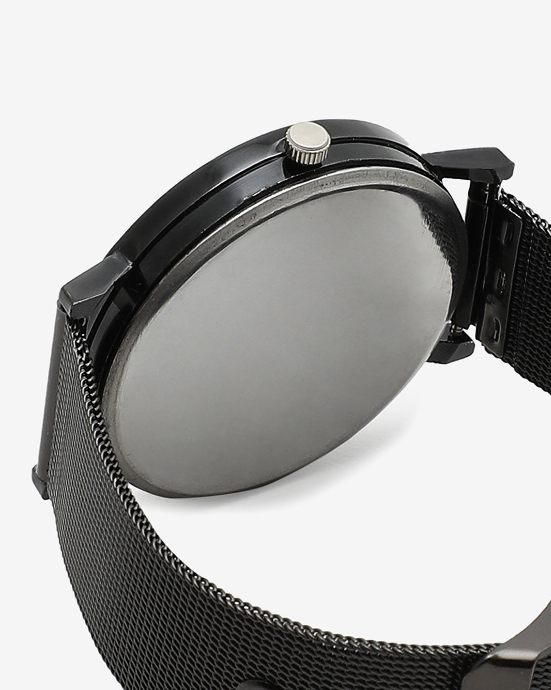 SLEEK BLACK ANALOG ROUND DIAL WITH BLACK HOUR MARKER AND BLACK METAL STRAP
