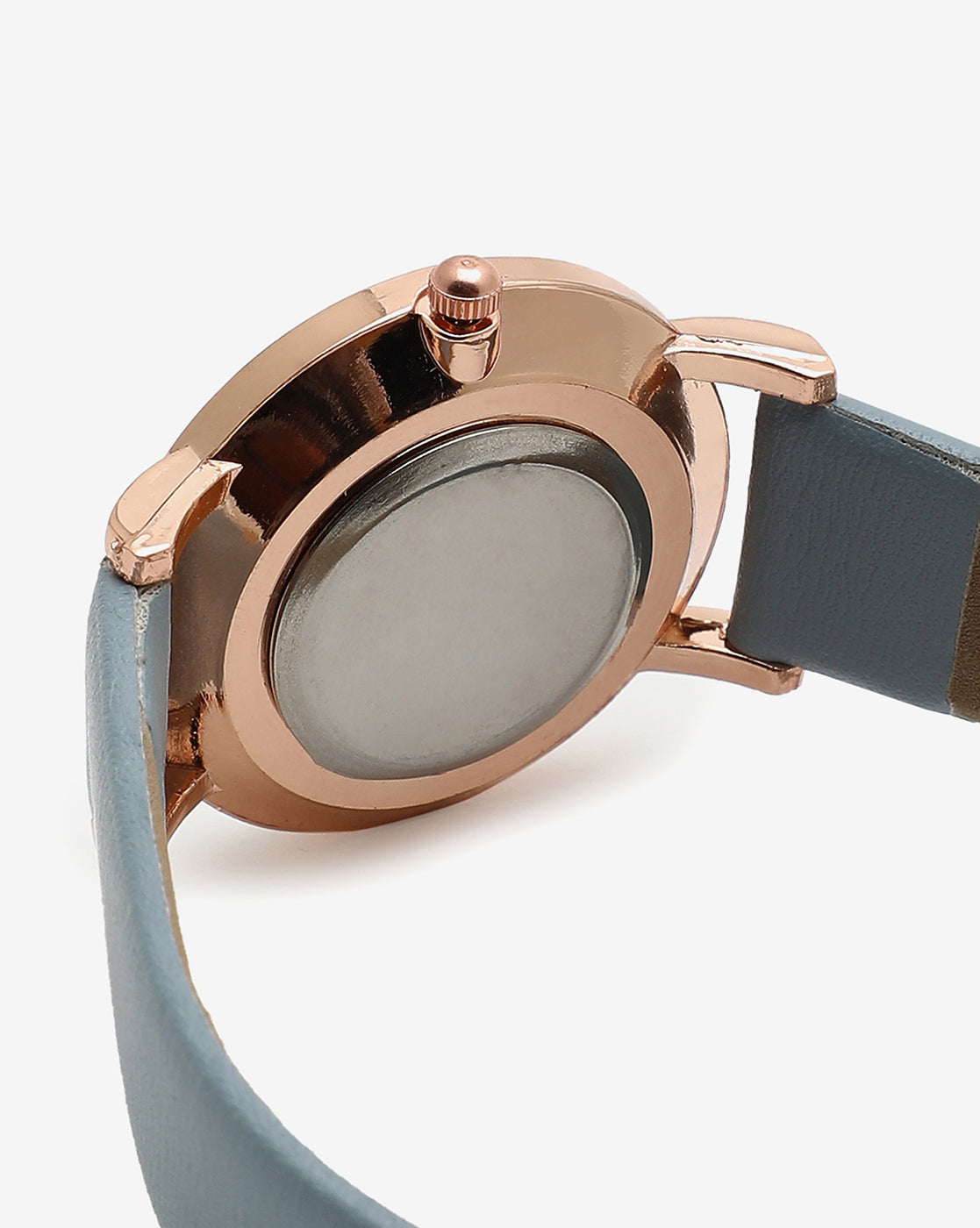 WHITE AND BRONZE ANALOG ROUND DIAL WITH BLACK HOUR MARKER AND BLUE LEATHER STRAP