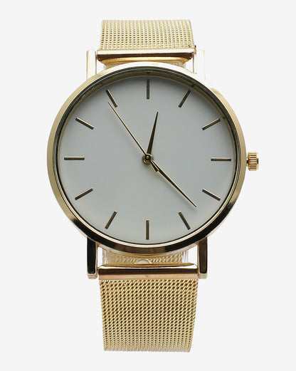 Sleek White Analog Round Dial With Gold Hour Marker & Gold Metal Mesh Strap