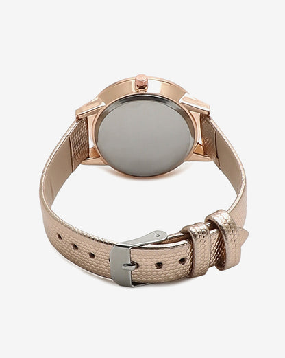 Gold & White Crystal Stone Analog Round Dial With Gold Textured Leather Strap