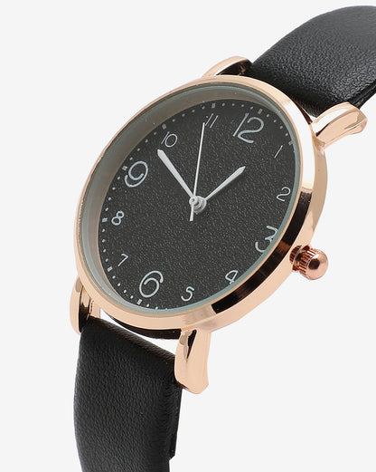 Gold & Black Analog Round Dial With White Hour Marker & Black Leather Strap