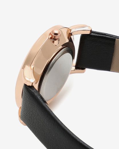 GOLD AND BLACK ANALOG ROUND DIAL WITH WHITE HOUR MARKER AND BLACK LEATHER STRAP