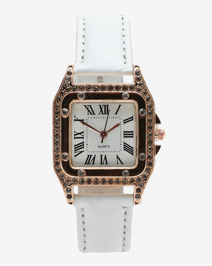 White & Gold Crystal Stone Analog Square Dial With Black Roman Hour Markers & White Leather Strap