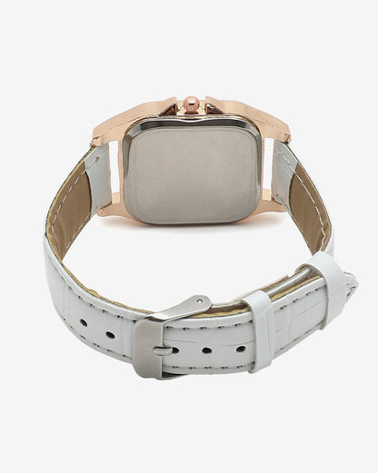 White & Gold Crystal Stone Analog Square Dial With Black Roman Hour Markers & White Leather Strap